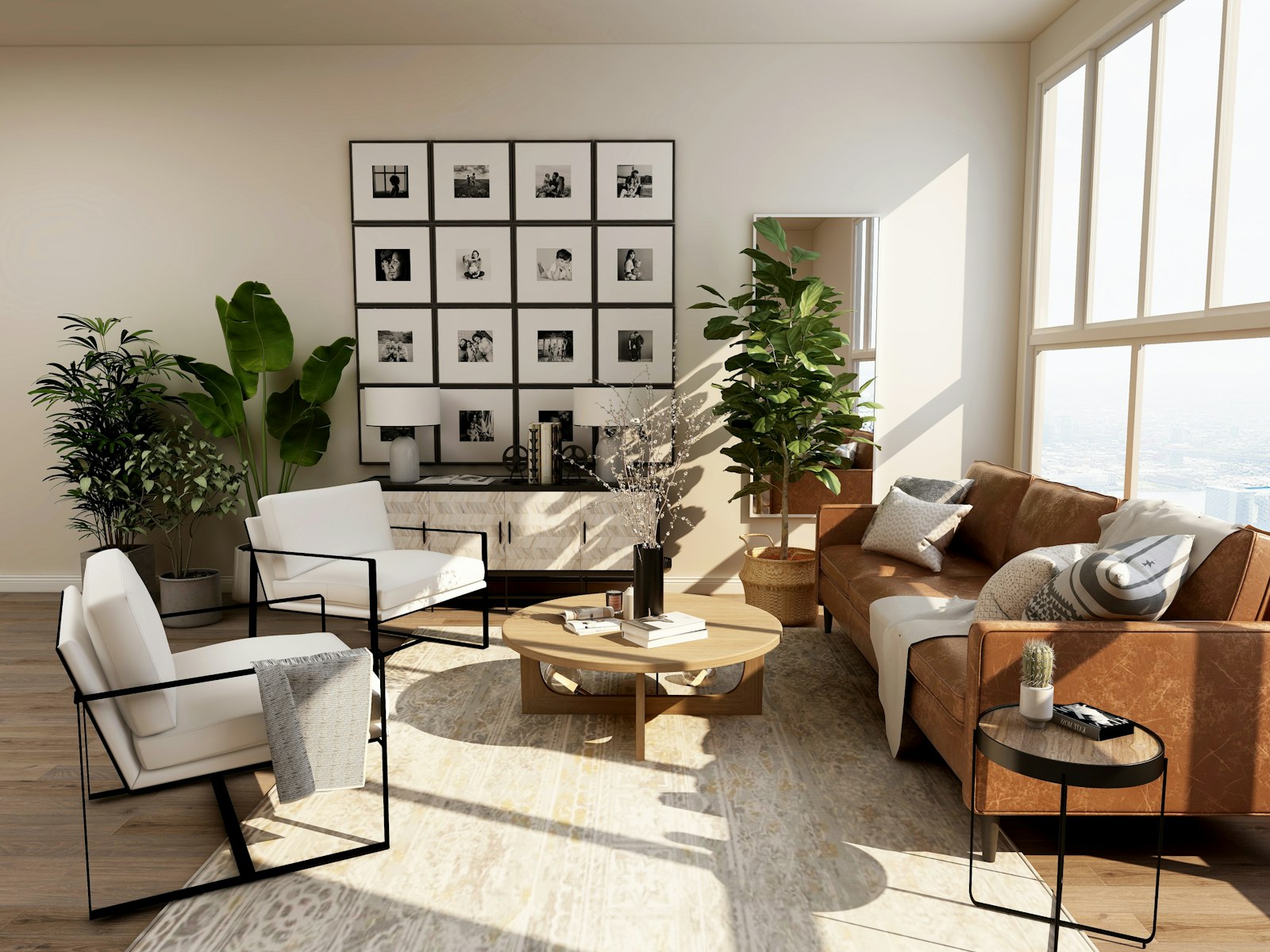Modern living room fitted with integrated smart home systems